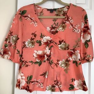 Salmon Coloured Floral Print Peplum Top